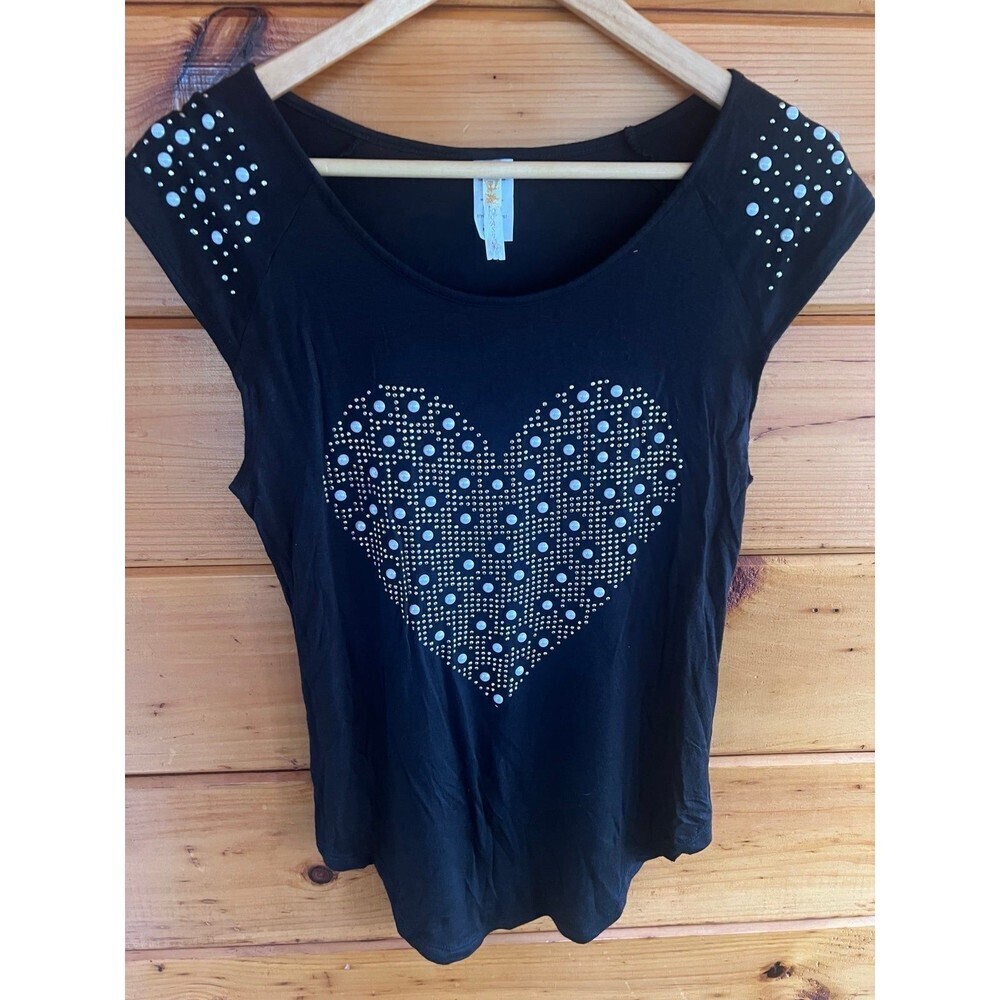 Women Top Black Heart White Pearls Rhinestones Short Sleeve Blouse Medium Shirt